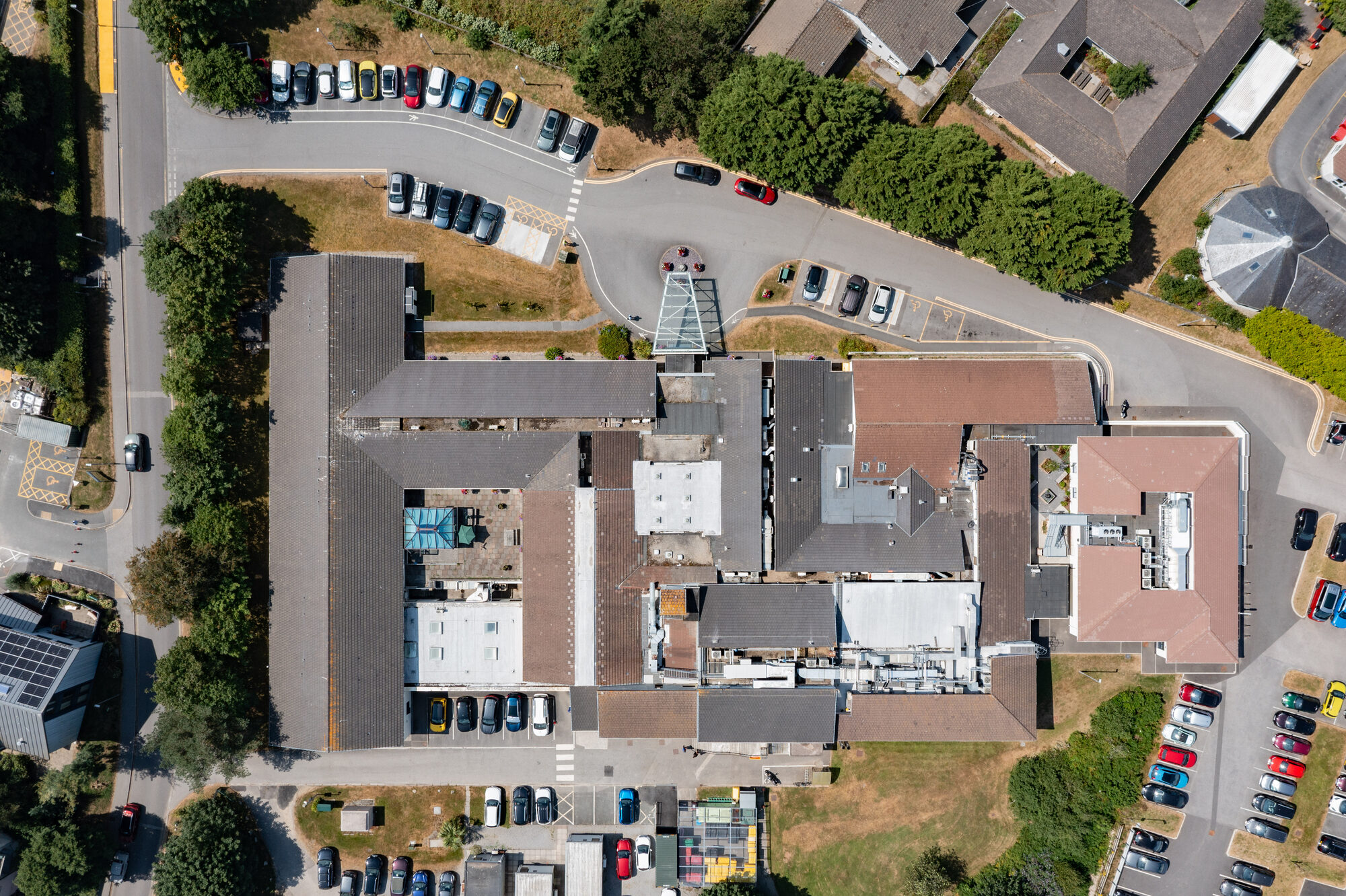 Drone pre-flight checks before roof survey at Duchy Hospital, Truro
