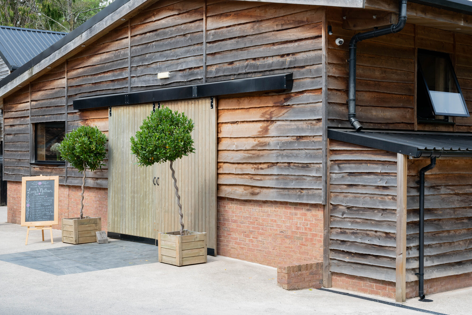 Main barn entrance decorated for wedding at Valleyside Barn
